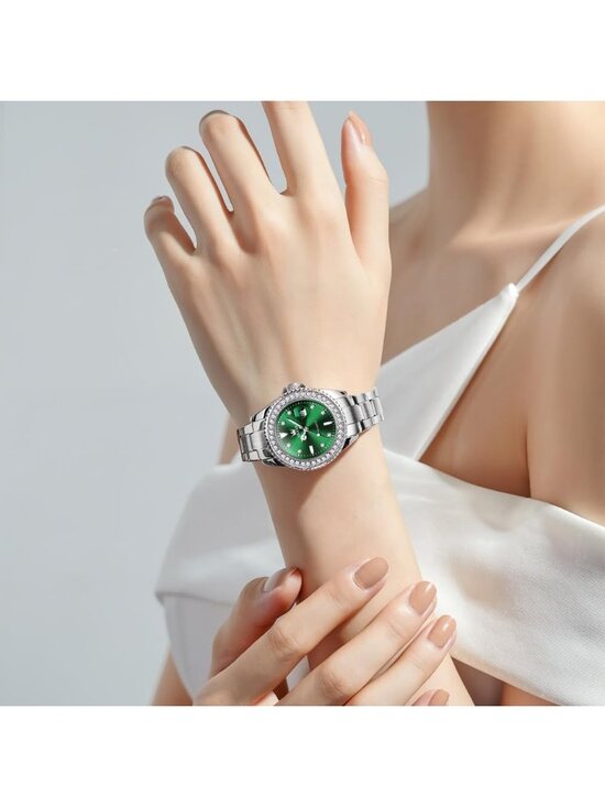 Womens Silver Green Stainless Steel Luxury Ladies Waterproof Writs Diamond Watch main image 4